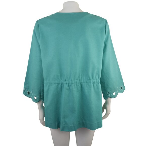 Bob Mackie Wearable Art Scalloped Eyelet Tie Front Jacket Green Blue Womens L - Picture 6 of 8